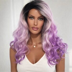 Balayage Violet Wig Ombré Purple Curled Wavy Lace Front Dark Roots Shana Noni